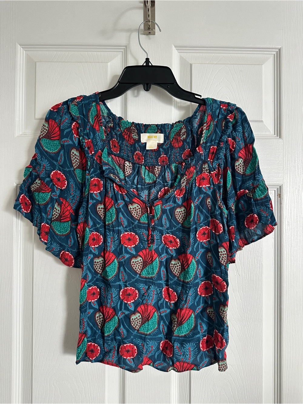 Maeve Teal Floral Ruffle V-Neck Blouse with Red Accents - Picture 2 of 8